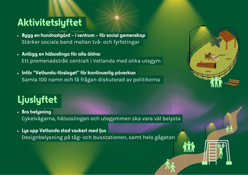 Vacker och stämningsfull designbelysning som lyser upp tågstationen samt gågatan i Vetlanda centrum under kvällen.