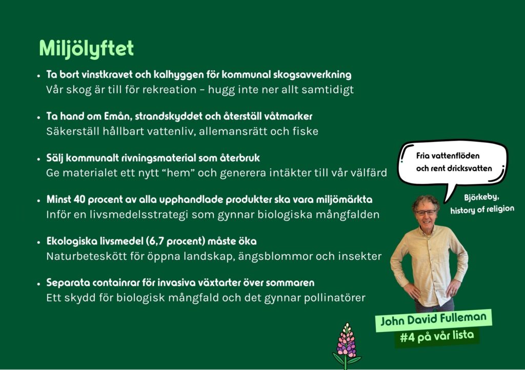 Grafisk illustration av Miljölyftet från Vetlandalyftet som visar Miljöpartiets mål om fria vattenflöden samt stopp för kalhyggen och mer ekologisk mat i Vetlanda kommun.
