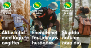 Bilden visar MP Lindingö valaffischer 2026 med rubrikerna "Aktiv fritid med låga avgifter", "Energifrihet för Lidingös husägare" och "Skydda naturen nära dig".