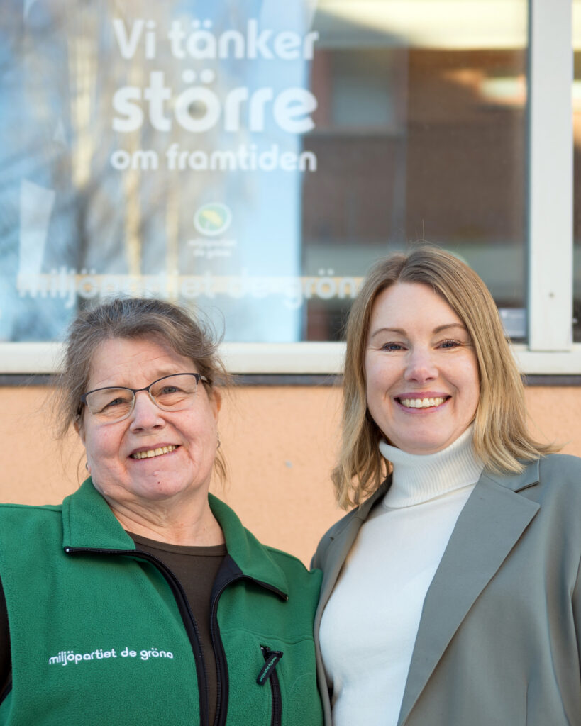 Eva Ljungdahl och Linda Andersson, Miljöpartiets kandidater i Krokom, står tillsammans och ler mot kameran.