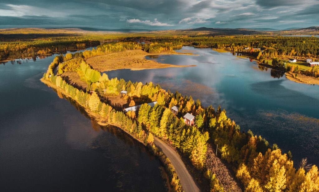vy över skog och vatten mot en mörk himmel