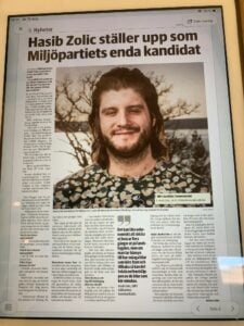 Nyhetsinslag om när Hasib var med i Vetlandaposten som enda kandidat för Miljöpartiet i Vetlanda