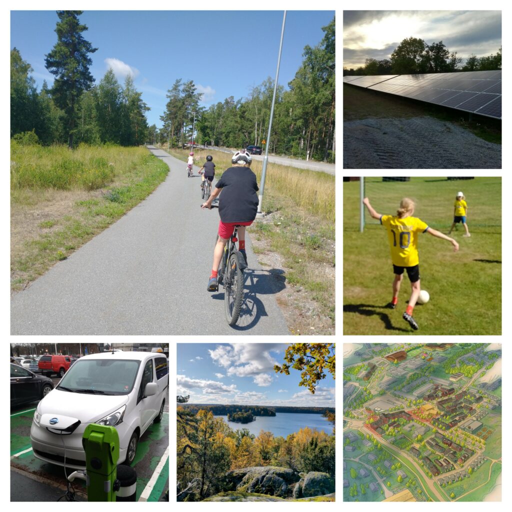 Cykel, fotboll, solceller, elbil, landskap, planering