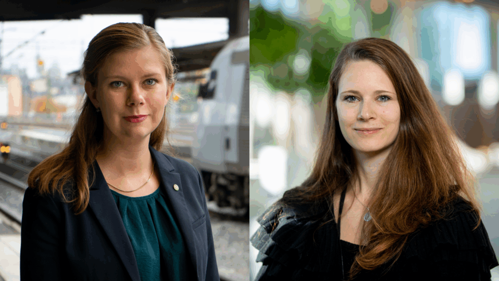 Två bilder bredvid varandra. På den första ser vi emma Berginger på en tågperrong när on tittar in i kameran. På den andra ler Rebecka Le Moine lite och tittar in i kameran.