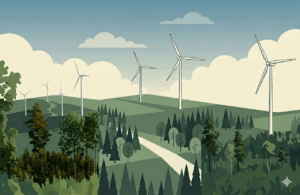 Illustration av vindkraft i skogslandskap nära Borgstena i Borås, där naturvärden och biologisk mångfald lyfts i debatten.