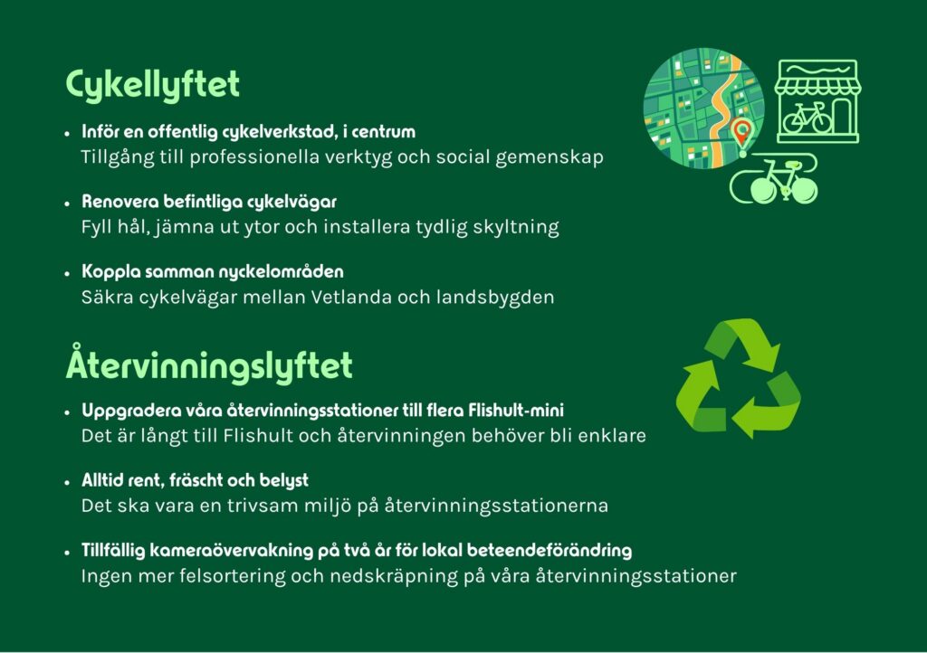Infografik från Vetlandalyftet med rubrikerna Cykellyftet och Återvinningslyftet som visar målen om en offentlig cykelverkstad samt lagade cykelvägar och kameraövervakade Flishult-mini.