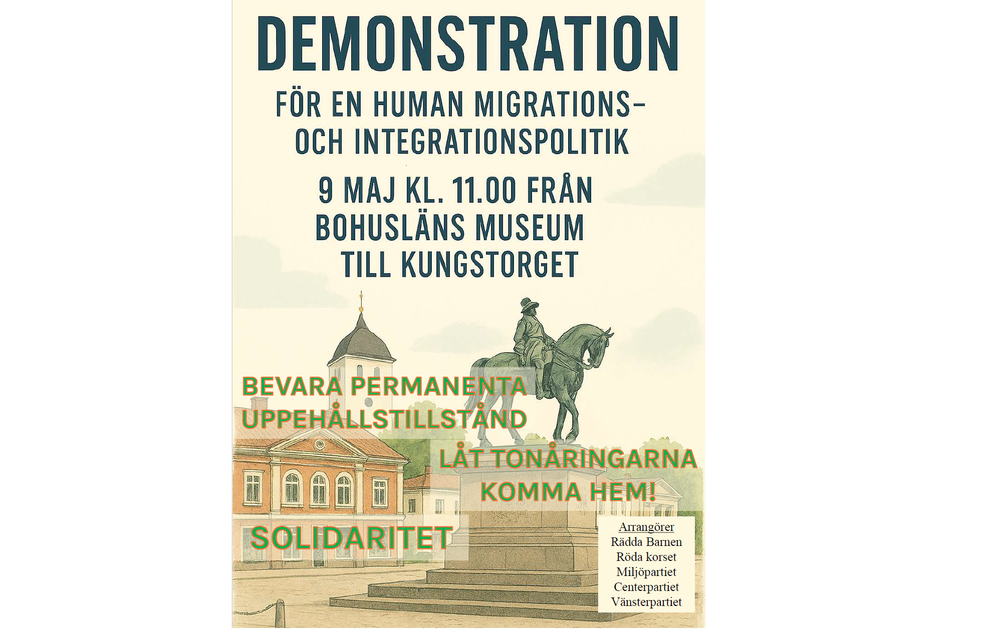 Affisch för demonstration den 9 maj kl. 11 i Uddevalla för att stoppa tonårsutvisningarna