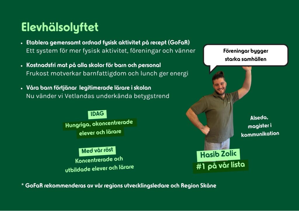 Grafisk illustration av Elevhälsolyftet från Vetlandalyftet som visar hur fysisk aktivitet på recept samt gratis skolfrukost och fler vuxna i skolan höjer elevernas prestationer i Vetlanda.
