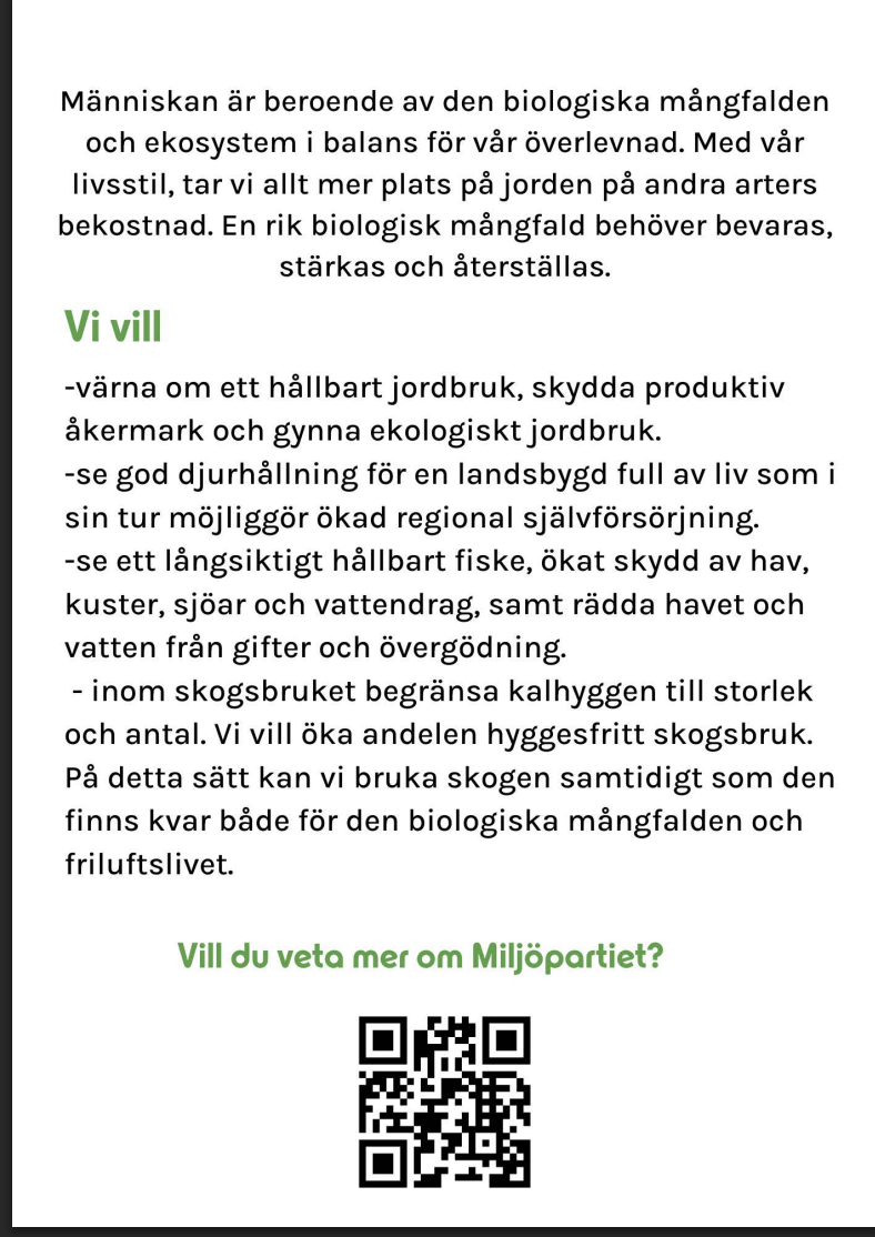 Text om biologisk mångfald och QR-kod till Miljöpartiets hemsida