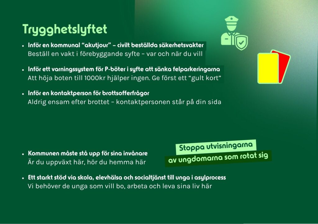 Kampanginfografik från Vetlandalyftet med rubriken Trygghetslyftet som sammanfattar målen om en kommunal akutjour samt ett varningssystem för P-böter och asylstöd.