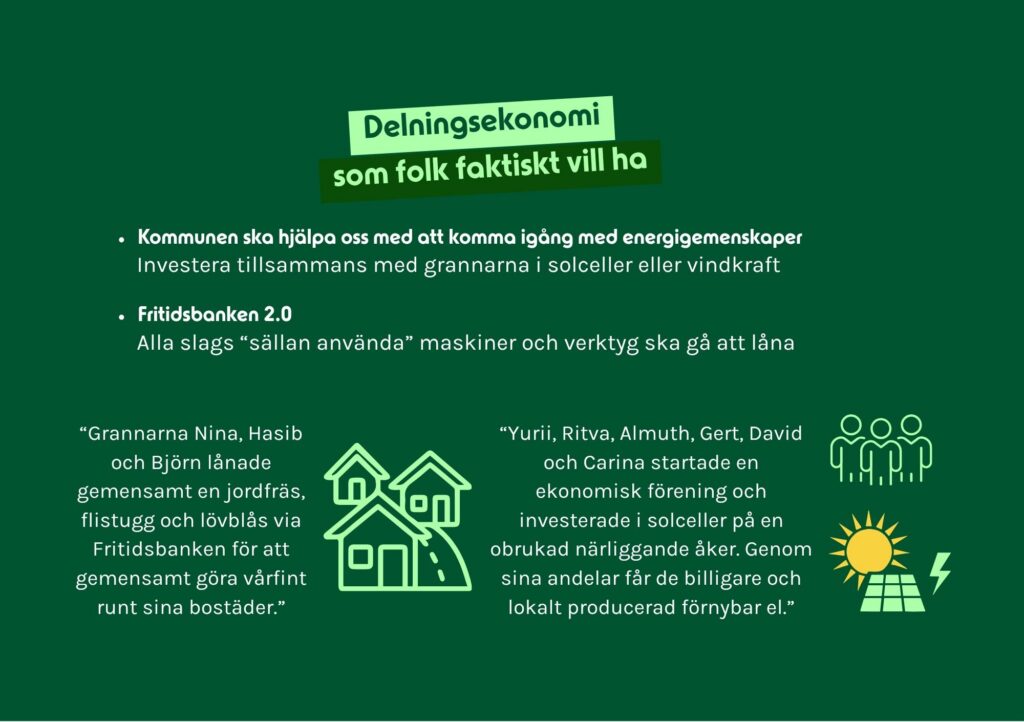 Kampanjgrafik från Vetlandalyftet om delningsekonomi som visar hur grannar kan dela maskiner via Fritidsbanken 2.0 och starta lokala energigemenskaper för billigare solenergi.
