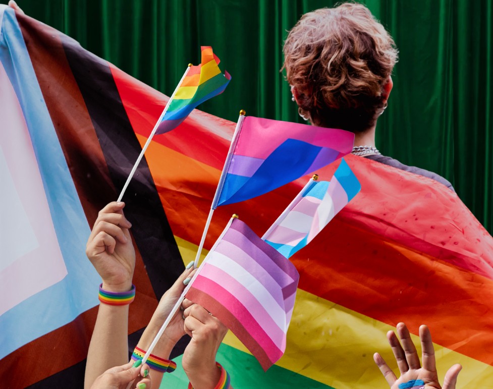 En bild på en person som bär en progressiv prideflagga, omgärdad av andra slags prideflaggor.
