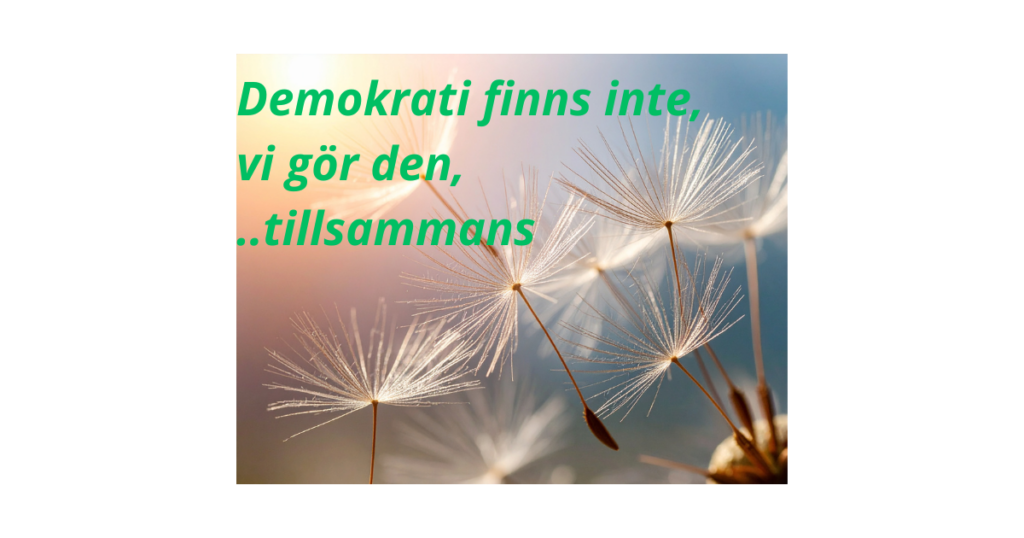 Maskrosfrön som lyfter med text kring demokrati