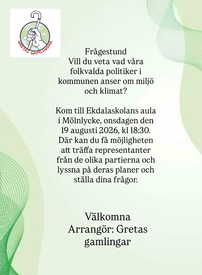 Inbjudan till frågestund om klimat och miljö i Härryda den 19 augusti 2026 i Ekdalaskolans aula i Mölnlycke.