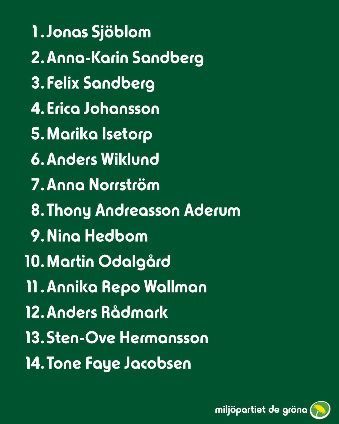 Miljöpartiets kommunvallista i Vänersborg 2026.